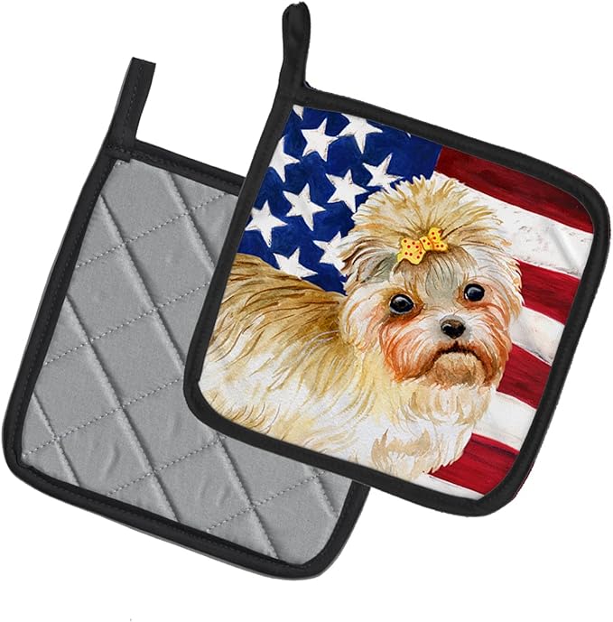 Caroline's Treasures BB9668PTHD Morkie Patriotic Pair of Pot Holders Kitchen Heat Resistant Pot Holders Sets Oven Hot Pads for Cooking Baking BBQ, 7 1/2 x 7 1/2