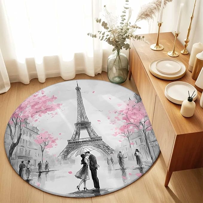 Washable Round Area Rug Vintage Towel Couple Pink Flower Circle Rugs Floor Carpet for Living Room Bedroom, Watercolor Modern City Scene Soft Non Slip Round Rug 3ft
