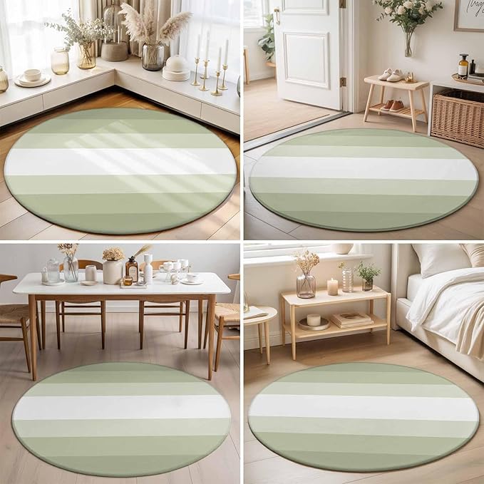 Washable Round Area Rug Modern Sage Green Gradient Style Circle Rugs Floor Carpet for Living Room Bedroom, Farmhouse Ombre Stripe Soft Non Slip Round Rug 5ft
