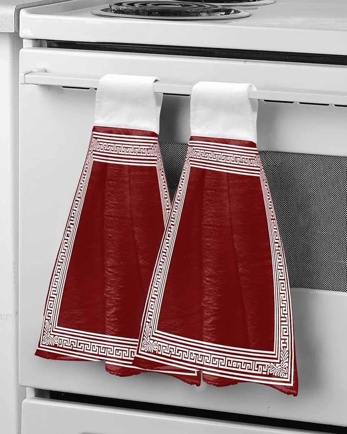 Alandar Home Kitchen Tie Towel Set of 1, Greek Abstract Inspired Key Pattern Absorbent Soft Hand Towels for Bathroom Hanging Towels, Geometric Twist Line on Red Fast Drying Cleaning Cloth with Loop