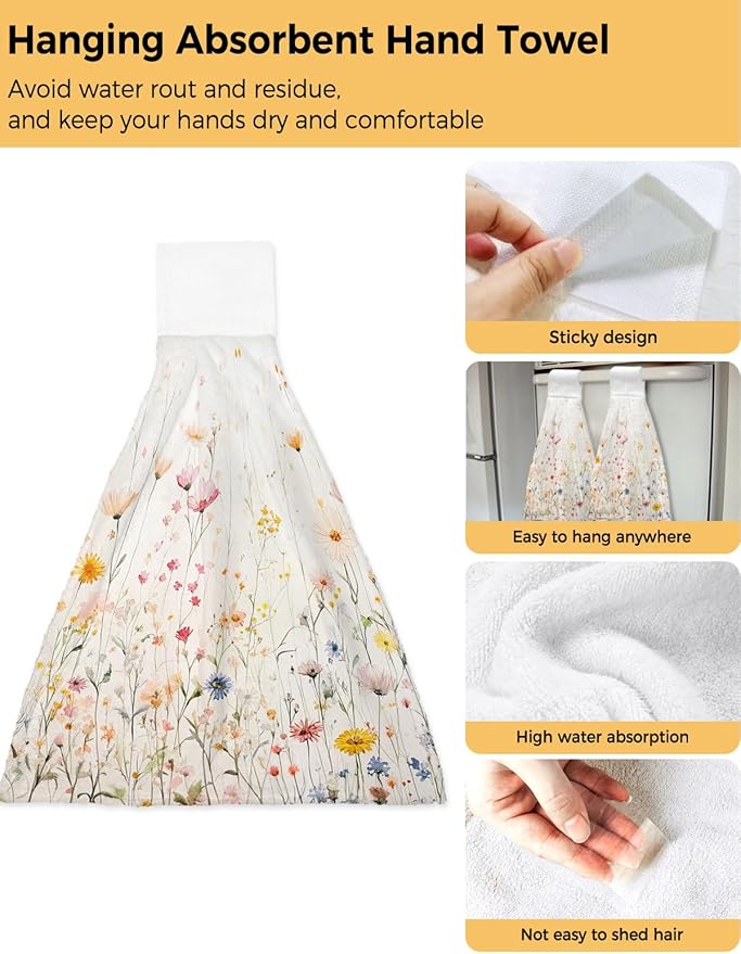Alandar Home Kitchen Tie Towel Set of 1, Country Colorful Flower Leaves on Vintage Absorbent Soft Hand Towels for Bathroom Hanging Towels, Summer Floral Fast Drying Cleaning Cloth with Loop