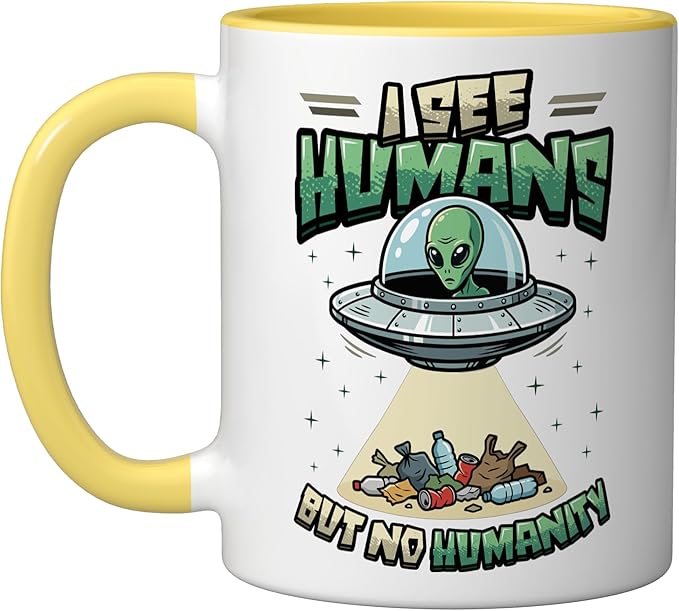 Aliens UFO Extraterrestrial Space Flying Saucer No Humanity Ceramic Mug, Yellow/White
