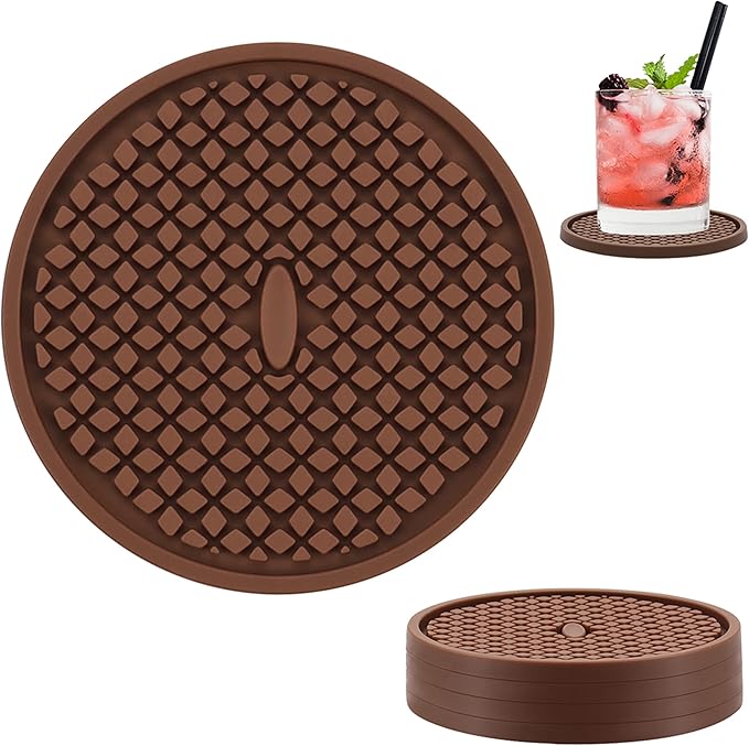 Silicone Coasters for Drinks, Non‑Slip Spill‑Proof Heat Resistant Coasters Set of 4, Reusable Washable Table Protection for Home Decor Kitchen Office, Bar(4Pack,Brown)