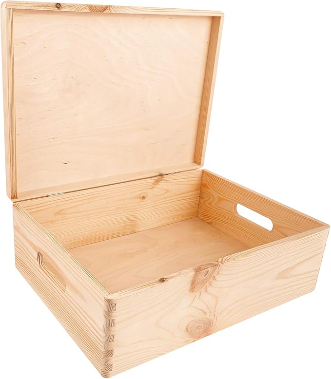 Creative Deco XL Wooden Storage Box with Hinged Lid | 15.8x11.8x5.5in (+-0.5) | Keepsake Unfinished Plain Unfinished Gift Box with Handles for Tool Toy Kitchen Jewelry | ROUGH & UNSANDED Wood Trunk