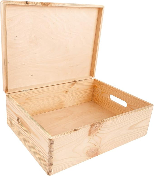 Creative Deco XL Wooden Storage Box with Hinged Lid | 15.8x11.8x5.5in (+-0.5) | Keepsake Unfinished Plain Unfinished Gift Box with Handles for Tool Toy Kitchen Jewelry | ROUGH & UNSANDED Wood Trunk