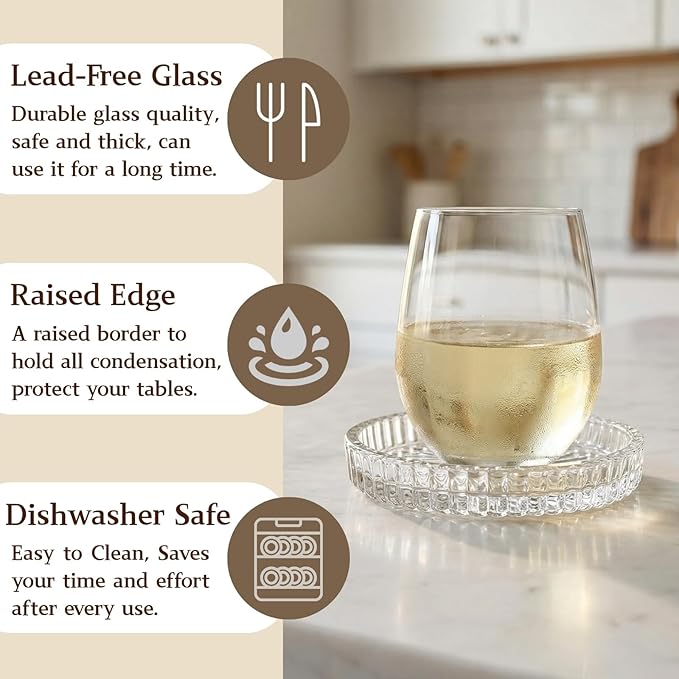 AVLA 8 Pack Crystal Drink Coasters, Glass Round Cup Mat, Clear Decorative Wine Bottle Coasters Barware Set for Table Protection of Home Kitchen, Dining Room, Patio, Coffee Shop, 3.75", Carved Design