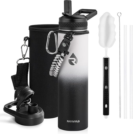 RAYMYLO Insulated Water Bottle 24oz, Triple Wall Vacuum Stainless Steel (Cold for 24Hrs, Hot for 12Hrs), Leak Proof & Non-BPA, 24oz Hydro Water Flask with Paracord Handle & Straw Spout Lids