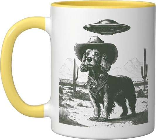 Funny Cowboy Dog UFO Alien Desert Cactus Western Canine Ceramic Mug, Yellow/White