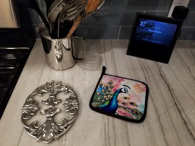 Caroline's Treasures Peacock Pair of Pot Holders Kitchen Heat Resistant Pot Holders Sets Oven Hot Pads for Cooking Baking BBQ, 7 1/2 x 7 1/2