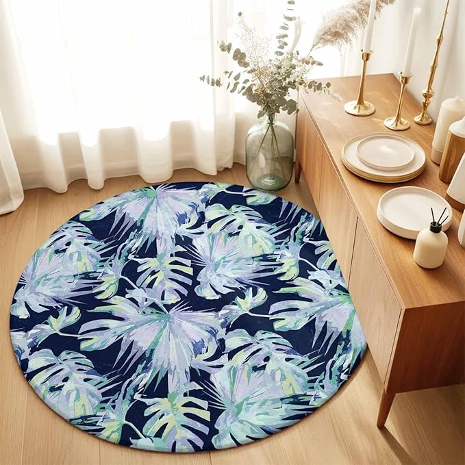 Washable Round Area Rug Watercolor Blue Teal Palm Leaves Circle Rugs Floor Carpet for Living Room Bedroom, Abstract Botanical Soft Non Slip Round Rug 3ft