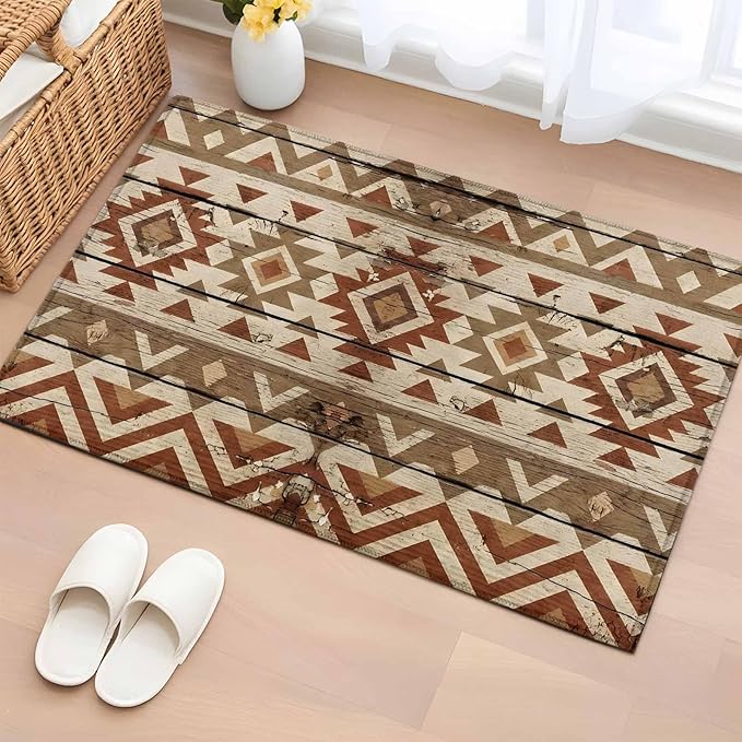 Area Rug 2x3ft, Rustic Aztec Style Pattern Washable Rugs for Living Room Bedroom, Southwestern Geometric Art Soft Non-Slip Area Rugs Rectangle Floor Carpet for Dining Room