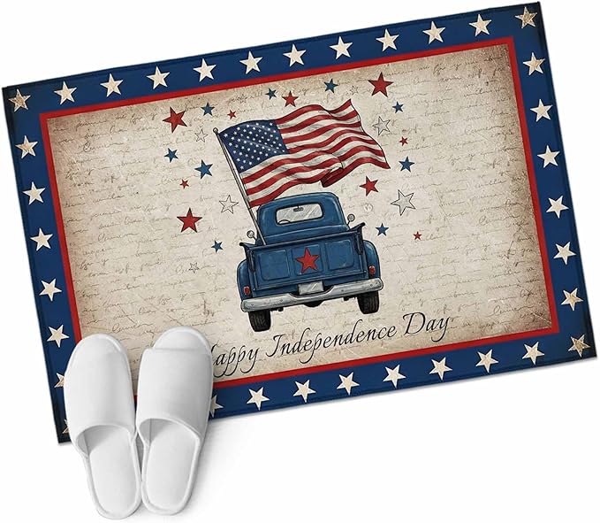 Area Rug 2x3ft, Happy Independence Day USA Flag Washable Rugs for Living Room Bedroom, Retro Blue Truck Soft Non-Slip Area Rugs Rectangle Floor Carpet for Dining Room