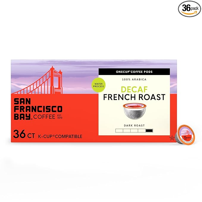 San Francisco Bay Decaf K-Cup Coffee Pods, Decaf French Roast (36 ct), Dark Roast, Commercially Compostable Single-Serve Coffee Pods, Swiss Water Process