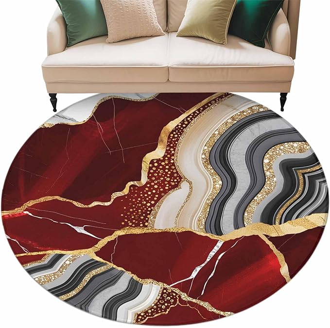 Washable Round Area Rug Abstract Flowing Marble Fluid Art Circle Rugs Floor Carpet for Living Room Bedroom, Red and Gold Lines Soft Non Slip Round Rug 5ft