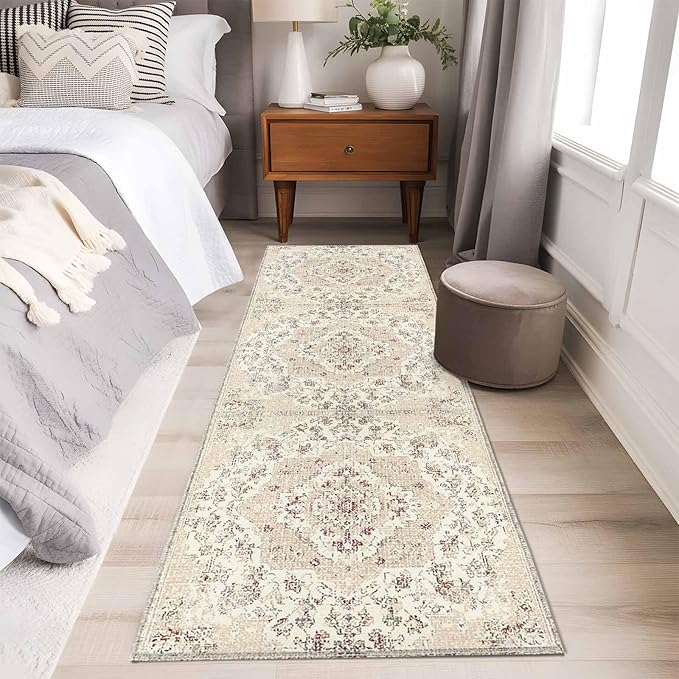Beige Boho 2x6 Kitchen Runner Rug, Vintage Ethnic Floral Non-Skid Rubber Backing Large Rectangle Rugs - Living Room Bedroom Home Office, Abstract Art Geometric Indoor Floor Mat Carpets Washable Rug
