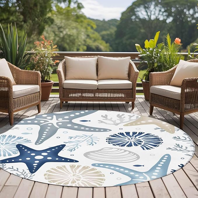 Washable Round Area Rug Ocean Starfish Shell Conch Circle Rugs Floor Carpet for Living Room Bedroom, Sea Blue Coral Seamless Soft Non Slip Round Rug 5ft