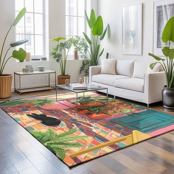 Area Rug 9x12ft, Sleeping Cat Pink Sunlit Room Washable Rugs for Living Room Bedroom Rectangle Floor Carpet, Potted Plants Soft Non-Slip Area Rugs for Dining Room