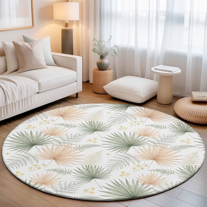 Washable Round Area Rug Boho Tropical Palm Circle Rugs Floor Carpet for Living Room Bedroom, Watercolor Seamless Background Soft Non Slip Round Rug 3ft