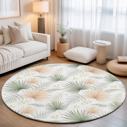 Washable Round Area Rug Boho Tropical Palm Circle Rugs Floor Carpet for Living Room Bedroom, Watercolor Seamless Background Soft Non Slip Round Rug 3ft