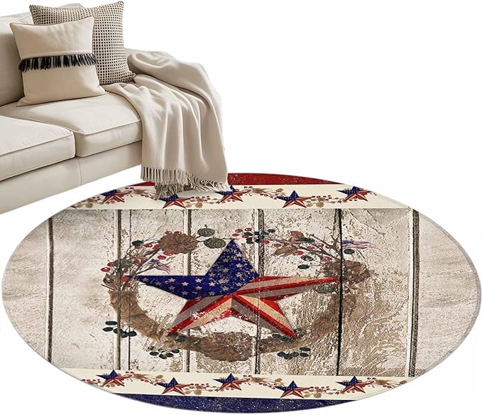 Washable Round Area Rug Retro USA Flag Star and Berry Circle Rugs Floor Carpet for Living Room Bedroom, Wooden Texture Soft Non Slip Round Rug 4ft