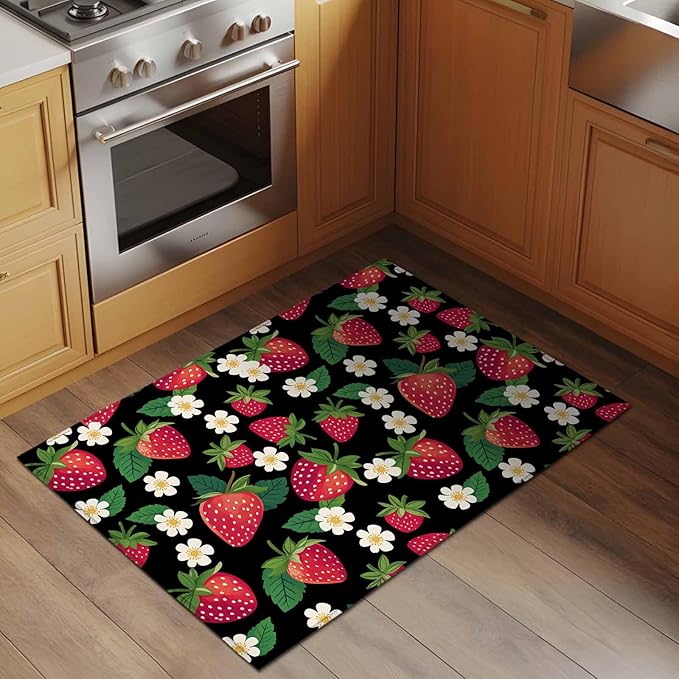 Area Rug 2x3ft, Red Strawberry Litter Flower Leaves on Black Washable Rugs for Living Room Bedroom, Summer Fruit Soft Non-Slip Area Rugs Rectangle Floor Carpet for Dining Room