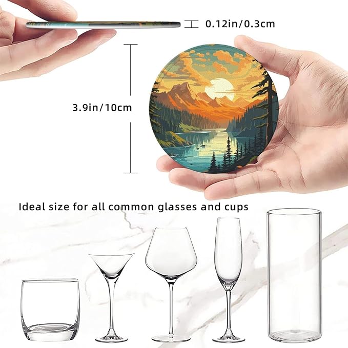 Landscape Mountain Leather Drinks Coasters with Holder, Set of 6, Suitable for Various Cups