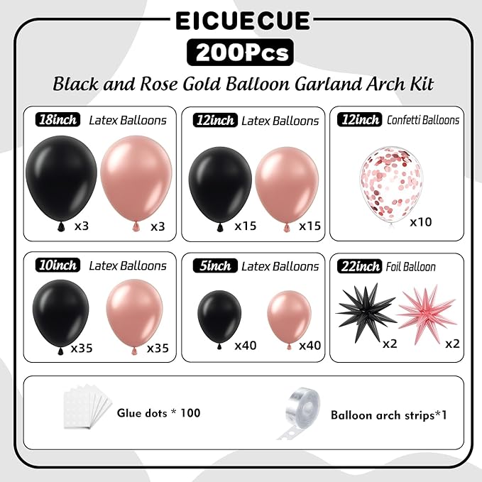 Rose Gold and Black Balloons Garland Arch Kit with Stars 200Pcs - 5 10 12 18 22 inch Balloon and Confetti Latex Balloons for Graduation Birthday Anniversary Wedding New Year Party Decorations