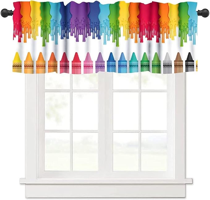 Colorful Crayon Valance, Kids Rainbow Colour Pigment Splash Oil Painting Art Window Treatment for Kitchen Dining Room Bedroom Nursery Classroom, 54x18Inch