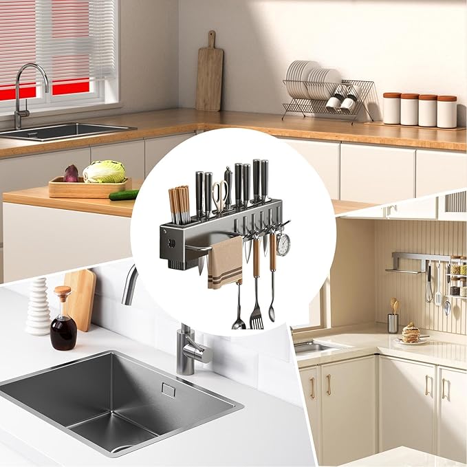 Wall Utensil Rack, Hanging Cutlery Organizer, Storage Kitchen Fixture, No-Borer Hook Hanger, Cooking Tool Spatula Spoon Holder, Home Accessory for Towel, Pan, Pot