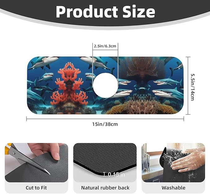 Submarine Shark Coral Printed Faucet Absorbent mat, Suitable for bathrooms, Kitchens, and Other Sink Areas.