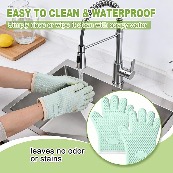 Silicone Oven Mitts with Fingers, Oven Mitts Heat Resistant for Kitchen, Waterproof & Non-Slip Oven Gloves for Baking, Cooking, Grilling and BBQ (Black)