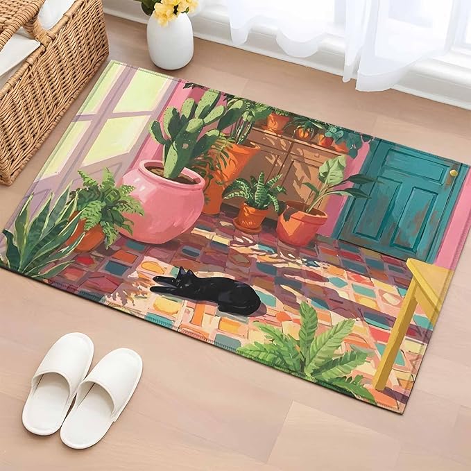 Area Rug 2x3ft, Sleeping Cat Pink Sunlit Room Washable Rugs for Living Room Bedroom, Potted Plants Soft Non-Slip Area Rugs Rectangle Floor Carpet for Dining Room