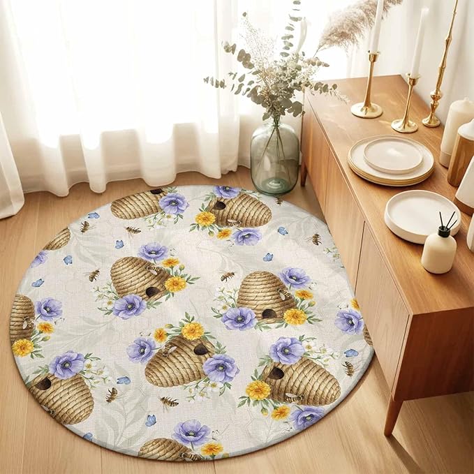 Washable Round Area Rug Garden Beehives Honeybees Circle Rugs Floor Carpet for Living Room Bedroom, Country Purple Floral Soft Non Slip Round Rug 3ft