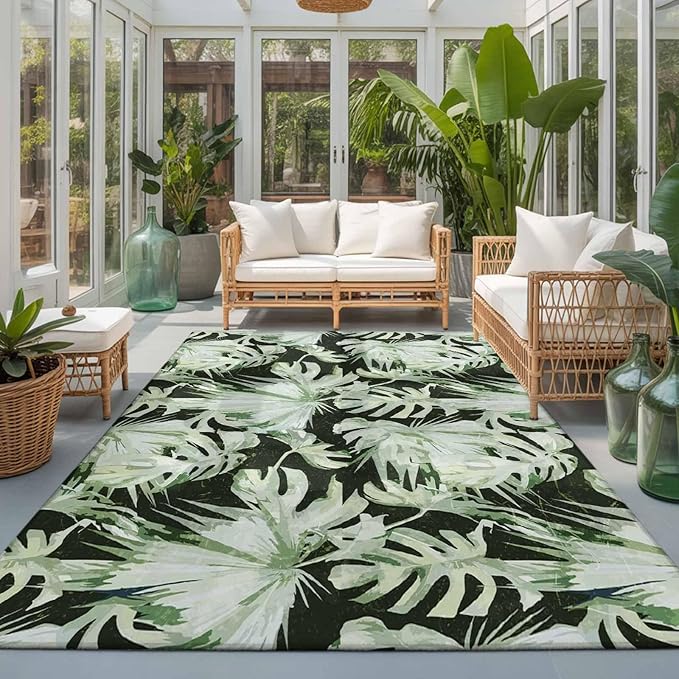 Area Rug 3x5ft, Abstract Dark Green Palm Leaves Washable Rugs for Living Room Bedroom, Watercolor Plants Soft Non-Slip Area Rugs Rectangle Floor Carpet for Dining Room