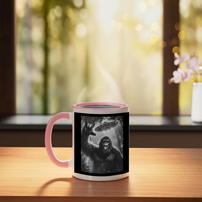 Funny Sasquatch Bigfoot Rock On Selfie with UFO Alien Saucer Ceramic Mug, Pink/White