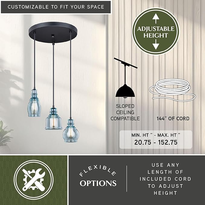 VAXCEL Millie 3L Bronze Farmhouse Jar Pendant Chandelier Ceiling Light Fixture Blue Glass