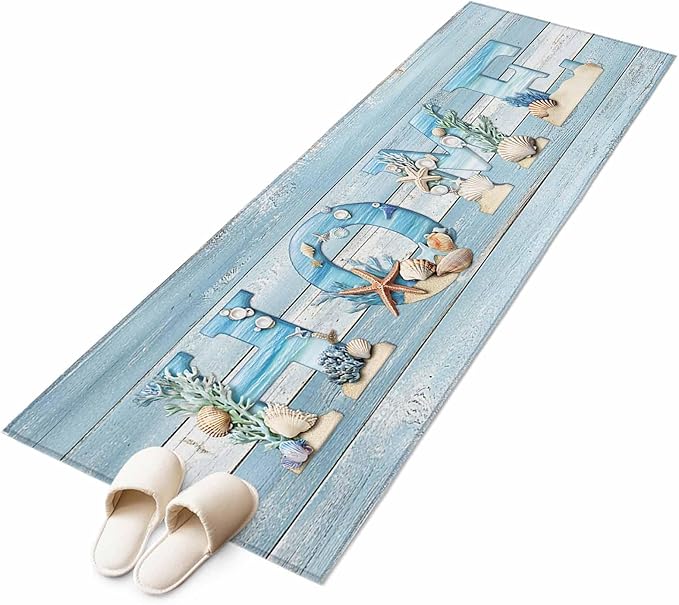 Runner Rug for Bedroom Hallway, Summer Ocean Beach Shell Home Quote Kitchen Runner Rugs Area Rug 2x6ft, Farm Blue Wood Board Washable Soft Floor Carpet for Entryway Stair