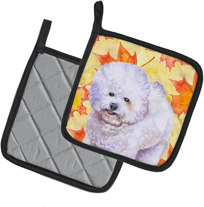 Caroline's Treasures BB9909PTHD Bichon Frise Fall Pair of Pot Holders, Yellow Kitchen Heat Resistant Pot Holders Sets Oven Hot Pads for Cooking Baking BBQ, 7 1/2 x 7 1/2
