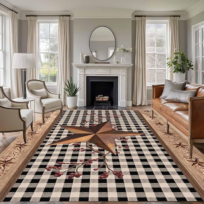 Brown Texas Star Retro 5x7 Area Rugs, Country Star Non-Skid Rubber Backing Large Rectangle Rugs - Living Room Bedroom Home Office, Black White Plaid Wooden Indoor Floor Mat Carpets Washable Rug