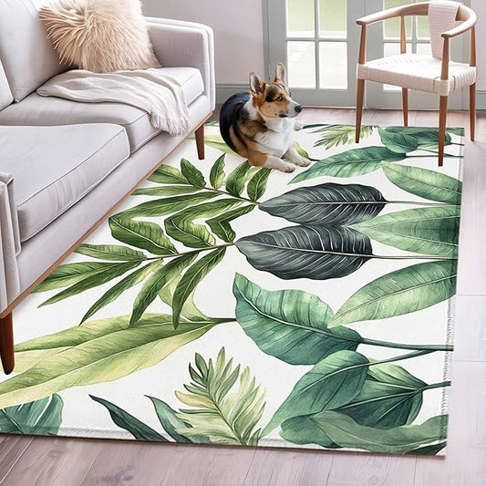 Area Rug 4x6ft, Summer Green Tropical Palm Leaves Washable Rugs for Living Room Bedroom, Watercolor Plant Soft Non-Slip Area Rugs Rectangle Floor Carpet for Dining Room