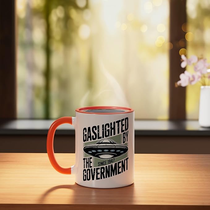 UFO Cover Up Gaslighted by the Government 1947 Ceramic Mug, Orange/White