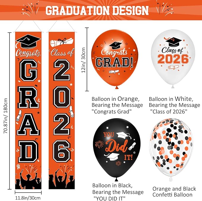 Graduation Decorations Class of 2026 - Orange Graduation Party Supplies Congrats Grad Backdrop & Banner, Hanging Swirls, Porch Sign, Balloons for High School & College Celebrations