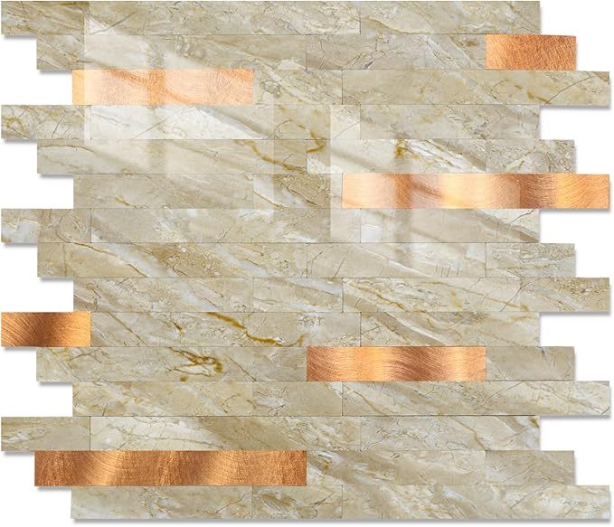 Yipscazo 10 Sheets Peel and Stick Stone Metal Tile Backsplash, Stick on Tiles for Backsplash Kitchen, Bathroom, Laundry Room, Camper, Fireplace (12'' X 12'', Polished Beige)