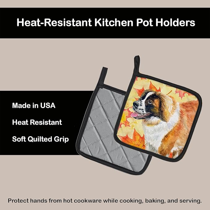 Caroline's Treasures BB9940PTHD Saint Bernard Fall Pair of Pot Holders, Yellow Kitchen Heat Resistant Pot Holders Sets Oven Hot Pads for Cooking Baking BBQ, 7 1/2 x 7 1/2
