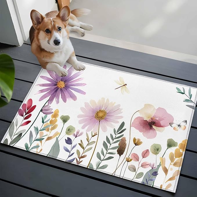 Area Rug 2x3ft, Country Field Purple Flowers Washable Rugs for Living Room Bedroom, Farm Floral Art Soft Non-Slip Area Rugs Rectangle Floor Carpet for Dining Room
