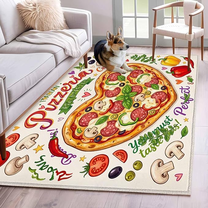Area Rug 4x6ft, Cartoon Pizza Watercolor Graffiti Washable Rugs for Living Room Bedroom, Farmhouse Vegetable Leaves Soft Non-Slip Area Rugs Rectangle Floor Carpet for Dining Room