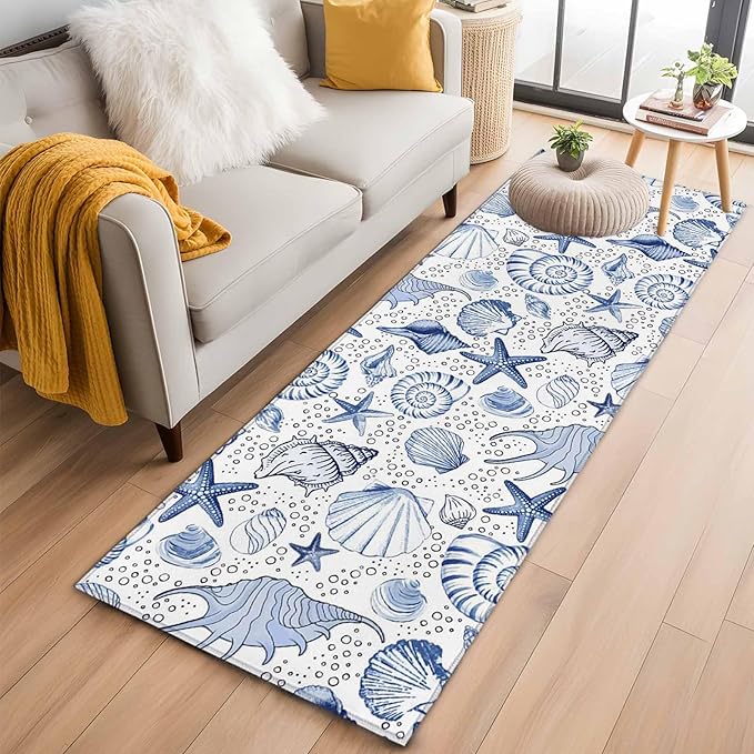 Runner Rug for Bedroom Hallway, Navy Blue Starfish Conch Shell Seamless Kitchen Runner Rugs Area Rug 2x6ft, Summer Ocean Bubbles Washable Soft Floor Carpet for Entryway Stair