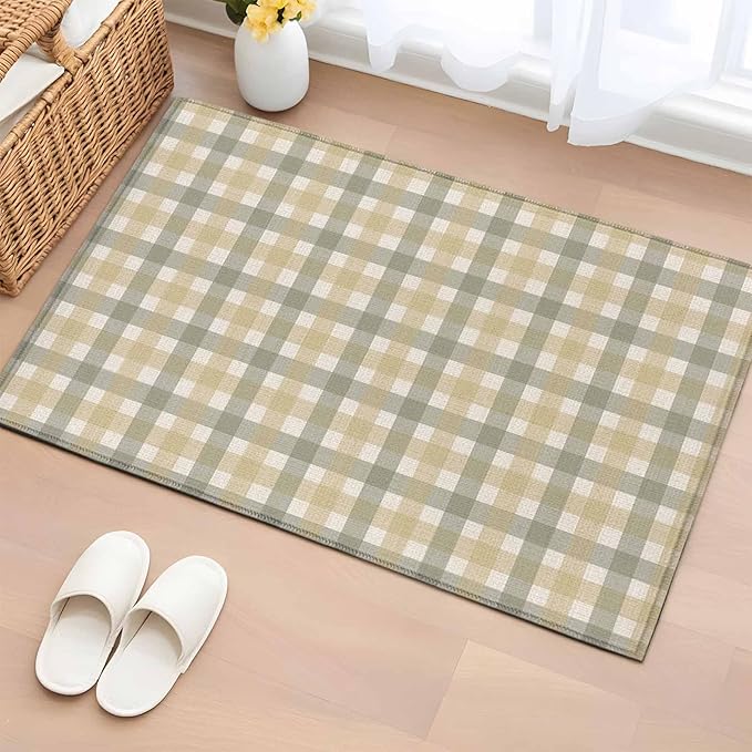 Area Rug 2x3ft, Farmhouse Vintage Beige Tan Buffalo Plaid Washable Rugs for Living Room Bedroom, Rustic Linen Soft Non-Slip Area Rugs Rectangle Floor Carpet for Dining Room