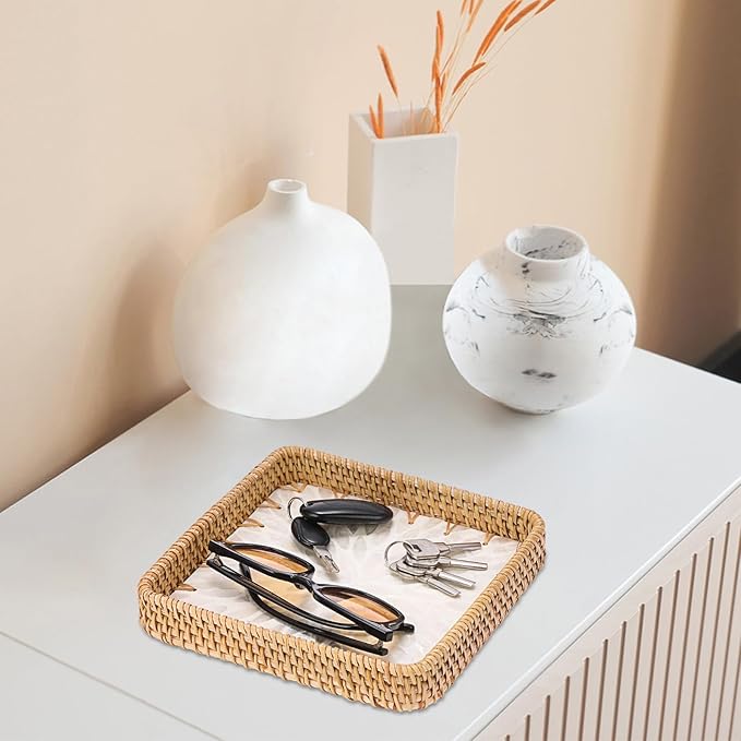 Handwoven Rattan Key Bowl Natural Wicker Serving Tray with Mother-of-Pearl Inlay Decorative Square Serving Tray, White