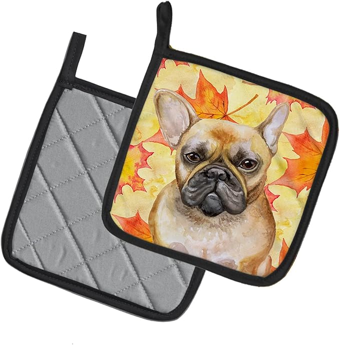 Caroline's Treasures BB9949PTHD French Bulldog Fall Pair of Pot Holders, Yellow Kitchen Heat Resistant Pot Holders Sets Oven Hot Pads for Cooking Baking BBQ, 7 1/2 x 7 1/2